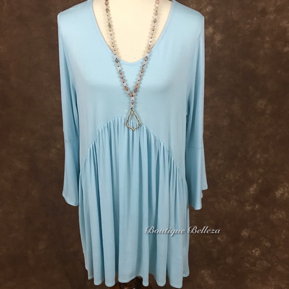 Light Blue Plus Size Baby Doll Tunic Bell Sleeves - Picture 1 of 5